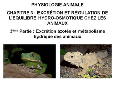 LICENCE DE BIOLOGIE Chapitre 3 – Excrétion et régulation de l’équilibre hydro-osmotique chez les animaux 3ème Partie : Excrétion azotée et métabolisme hydrique des animaux